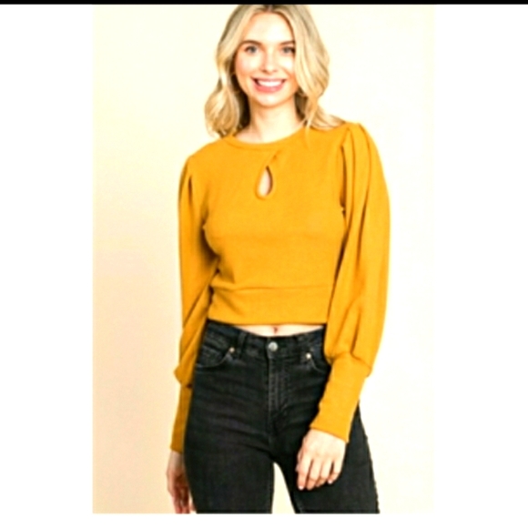 Tops - MUSTARD BUBBLE LONG SLEEVE CROP TOP
